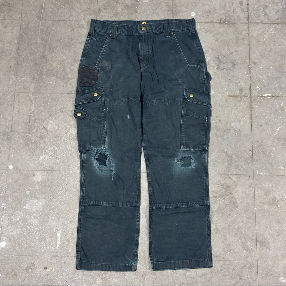 Distressed Black Carhartt Ripstop Double Knee Cargo Pants 33x30 Relaxed Fit Work